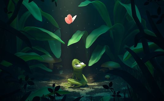 Обои на рабочий стол Лягушка смотрит на бабочку, by Pedro Couto