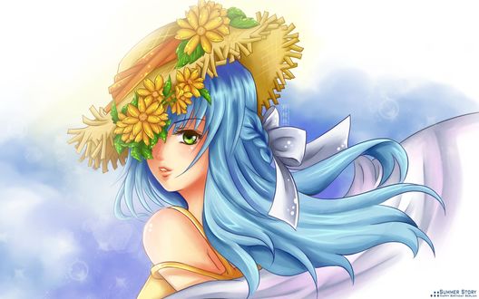 Обои на рабочий стол Vocaloid Hatsune Miku / Вокалоид Хатсунэ Мику в шляпе с цветами