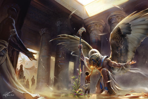 Обои на рабочий стол Мальчик в храме прикасается ладонью к HORUS / Гору-Египетскому богу неба и солнца в облике сокола, by Gianluca Rolli
