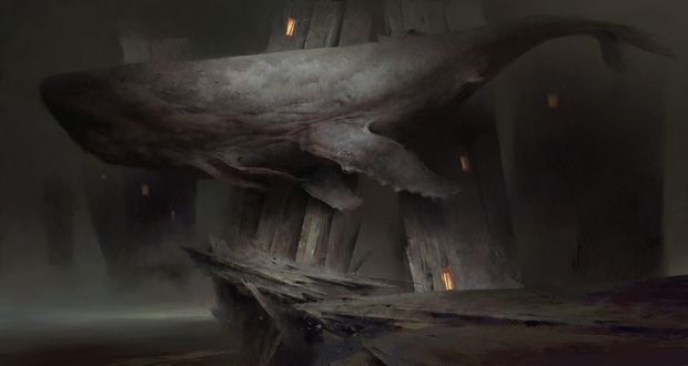 Обои на рабочий стол Мифическая акула среди домов, by Piotr Jablonski