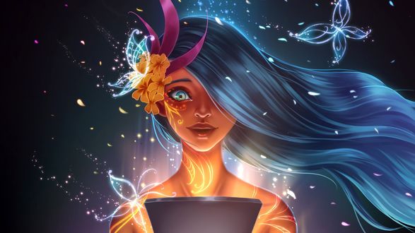 Обои на рабочий стол Magic Girl / Волшебная девушка с длинными синими волосами среди неоновых бабочек