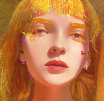 Обои на рабочий стол Портрет рыжеволосой девушки с бабочками на лице, by Wang Yuhao