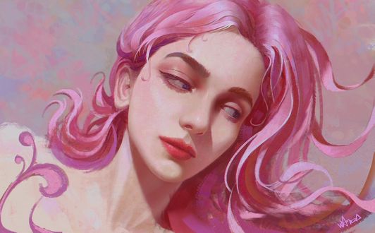 Обои на рабочий стол Портрет девушки с розовыми волосами, by Wang Yuhao