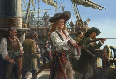 Обои на рабочий стол Девушка-пират с командой стоит на палубе парусника, by Min Gyu Lee