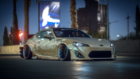Обои на рабочий стол Белый Subaru BRZ в тюнинге на дороге вечернего города, из игры Need For Speed, by Trent Nelson