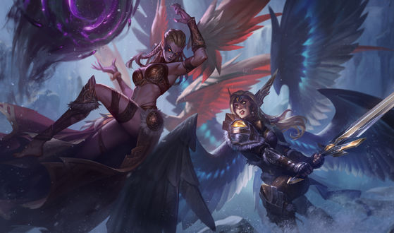 Обои на рабочий стол Kayle / Кейл против Morgana / Морганы, арт к игре League of Legends / Лига Легенд, by Bo Chen
