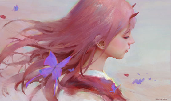 Обои на рабочий стол Zero Two / Зеро Ту из аниме Darling in the FranXX / Милый во Франкcе, by Yuhong Ding