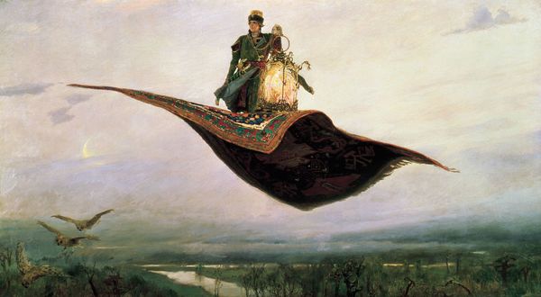 Обои на рабочий стол Сказочный персонаж с фонарем на ковре - самолете, by Viktor Vasnetsov