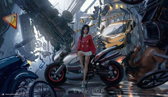 Обои на рабочий стол Девушка в красной кофте сидит на мотоцикле, by wlop