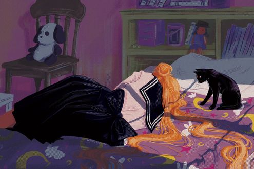 Обои на рабочий стол Персонаж Цукино Усаги / Сейлор Мун / Seilor Moon из аниме Bishoujo Senshi Sailor Moon / Красавица-воин Сейлор Мун спит и рядом сидит кошка, автор Кортни Вир