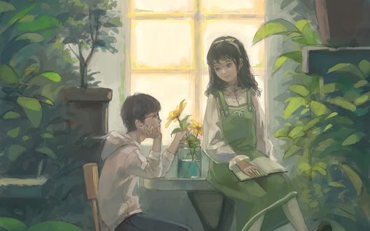 Обои на рабочий стол Девочка с книгой сидит на столе перед мальчиком, сидящим за столом, by Enze Fu
