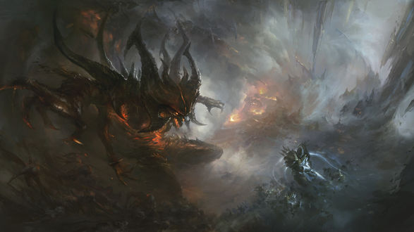 Обои на рабочий стол Демон и воин в преисподней, арт к игре Diablo III: Reaper of Souls / Diablo III:Жнец душ, by yan yang