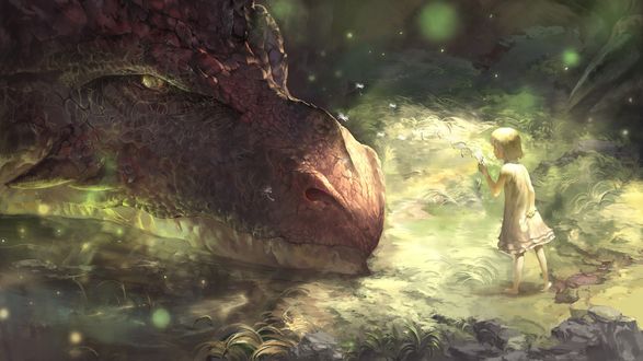 Обои на рабочий стол Девочка с одуванчиками стоит перед драконом, by Seho Park