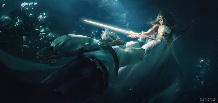 Обои на рабочий стол King Arthur / Король Артур плывет под водой и принимает меч, даруемый богиней, by tian zi