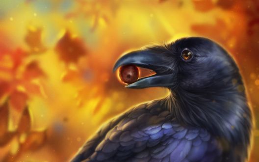 Обои на рабочий стол Ворона с ягодой в клюве, by Kate Zhbanova