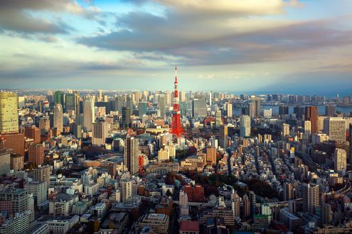Обои на рабочий стол Токийская телебашня, вид на город сверху, Токио / Tokyo, Япония / Japan