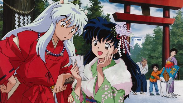 Обои на рабочий стол Полудемон Inuyasha и Kagome Higurashi читают листок с предсказанием из храма у ворот торий из аниме Инуяша / InuYasha, by Rumiko Takahashi