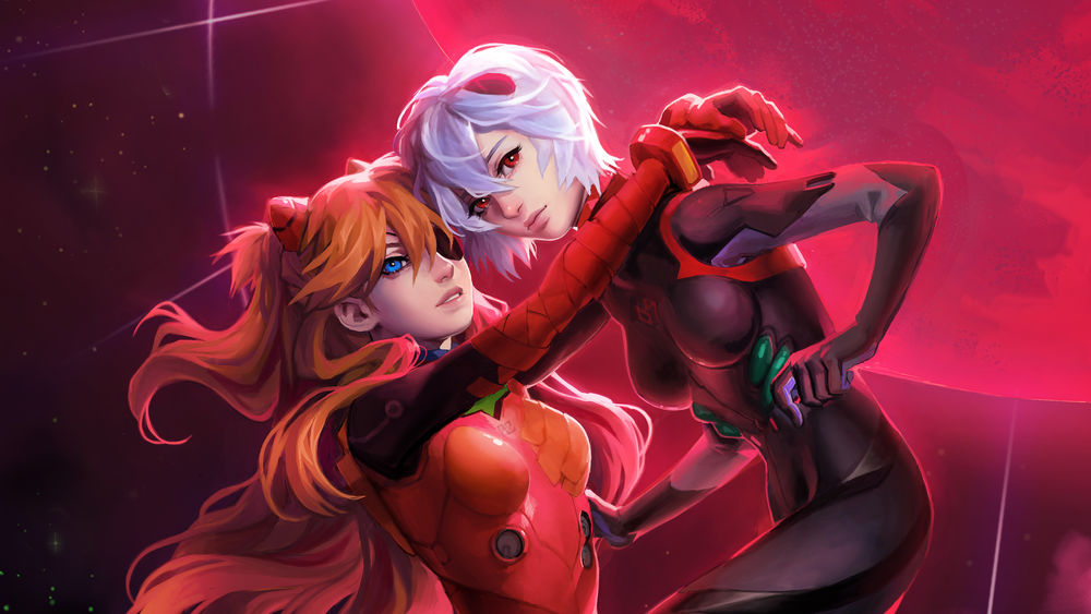 Обои на рабочий стол Ayanami Rei / Аянами Рэй и Asuka Langley / Аска Лэнглииз аниме Evangelion / Евангелион, by AMSBT, обои для рабочего стола,скачать обои, обои бесплатно