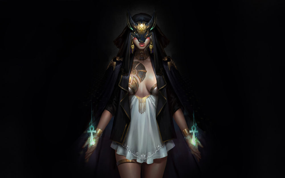 Обои для рабочего стола Египетская богиня Anubis / Анубис в маске на черном фоне, by Brandon Choo