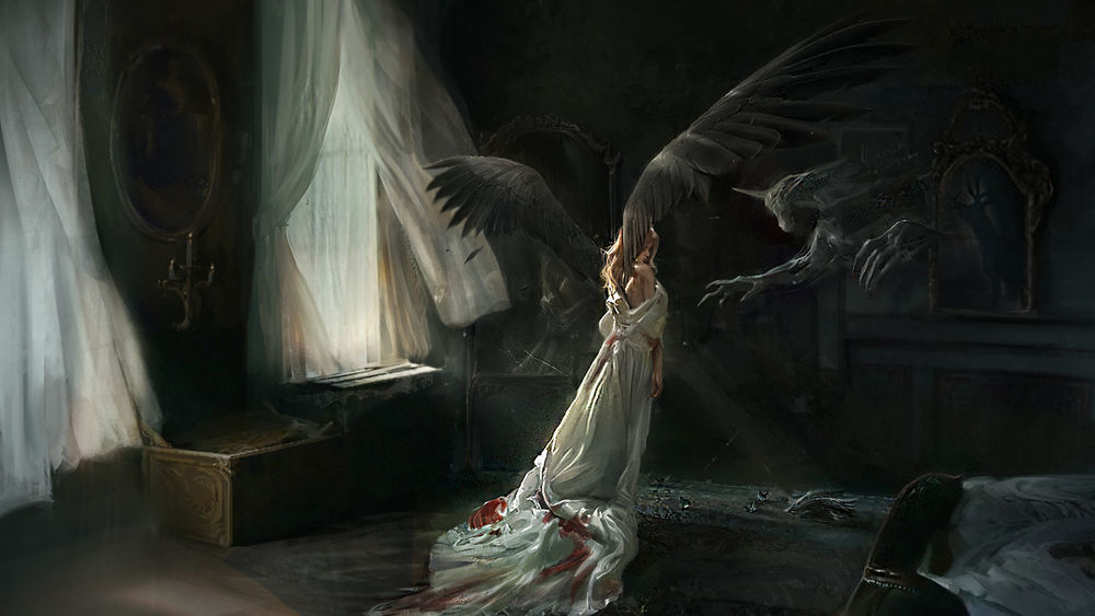 Обои для рабочего стола Демон тянет лапы к девушке-ангелу с темными крыльями, стоящей посреди комнаты, by Yi