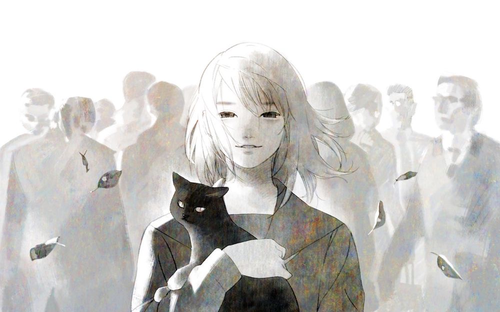 Обои для рабочего стола Девочка с котенком в руках стоит впереди толпы, by namito111