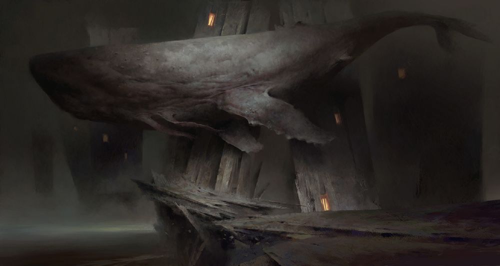 Обои для рабочего стола Мифическая акула среди домов, by Piotr Jablonski