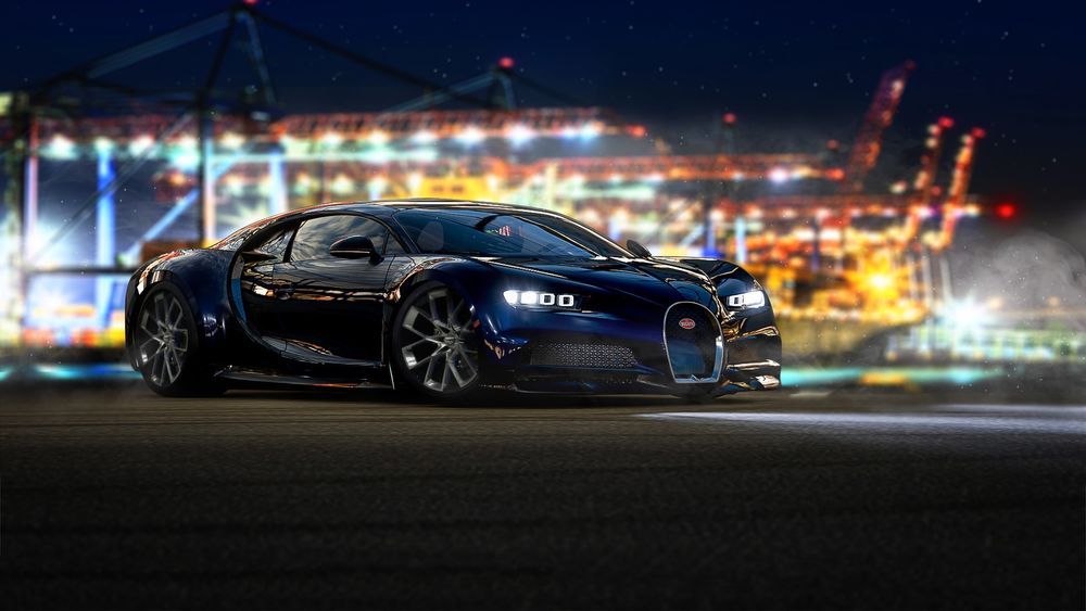Обои для рабочего стола Черный Bugatti Chiron стоит на площадке в ночном городе, из игры Forza Motorsport 7, by Trent Nelson