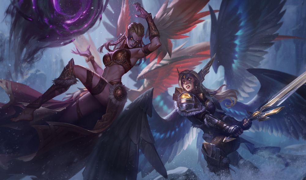 Обои для рабочего стола Kayle / Кейл против Morgana / Морганы, арт к игре League of Legends / Лига Легенд, by Bo Chen
