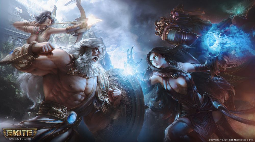 Обои для рабочего стола Gods Battle / Битва Богов, арт к игре Smite, by Justice Wong