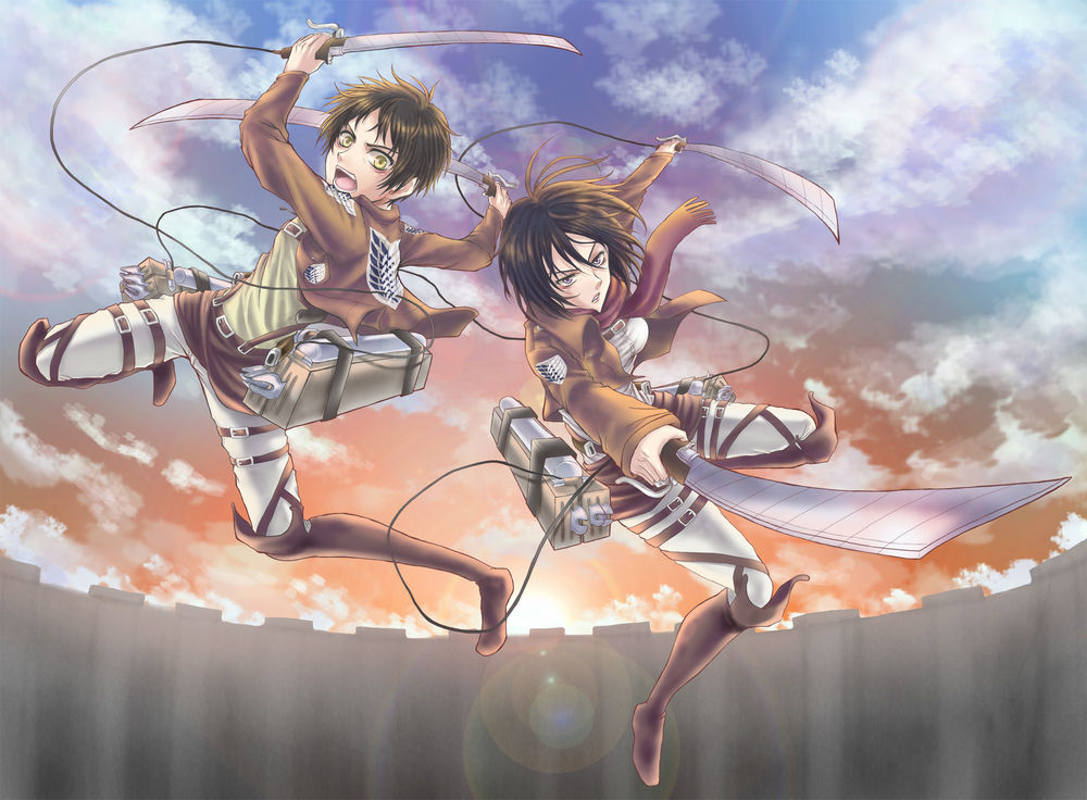 Обои для рабочего стола Eren Yeager / Эрен Егер и Mikasa Ackerman / Микаса Аккерман атакуют на фоне неба из аниме Атака Титана / Attack on Titan / Shingeki no Kyojin