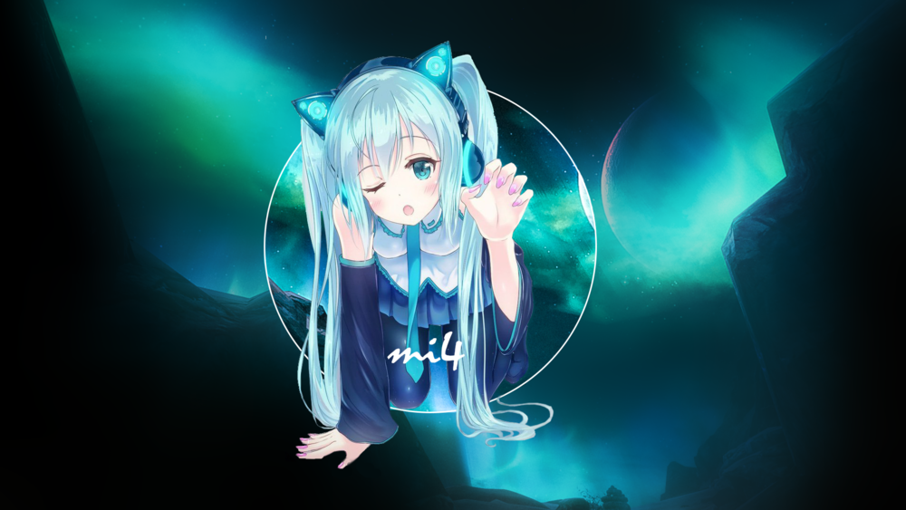 Обои для рабочего стола Vocaloid Hatsune Miku / вокалоид Хацунэ Мику на фоне северного сияния над горами