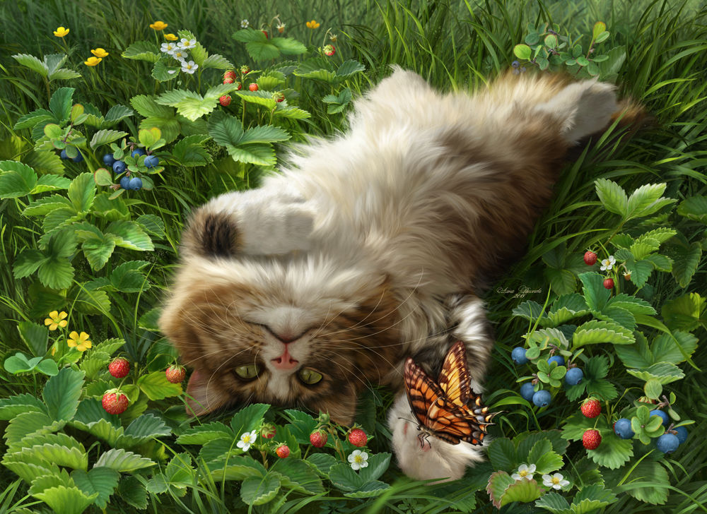 Обои для рабочего стола Кошка лежит на траве среди клубники с бабочкой на лапке, by AlenaEkaterinburg