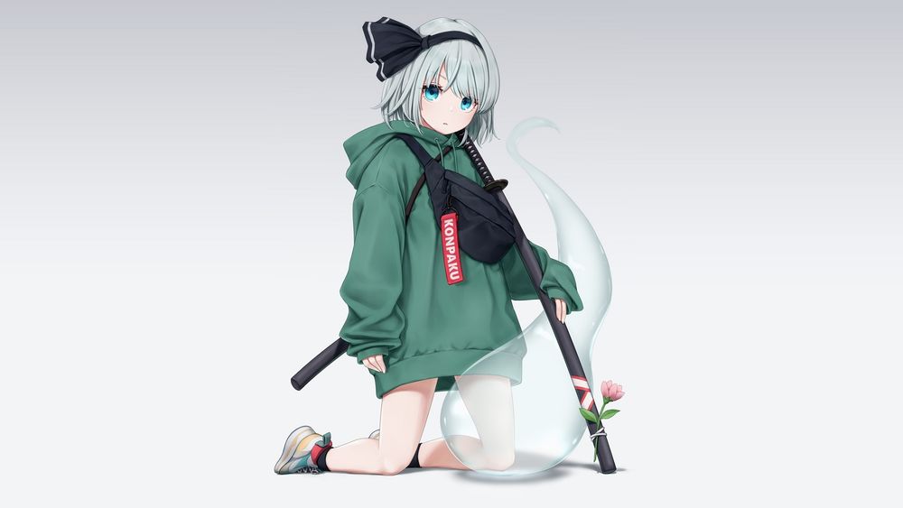 Обои для рабочего стола Ёму Конпаку / Youmu Konpaku на коленях и рядом дух Myon из игры Проект Восток / Touhou Project
