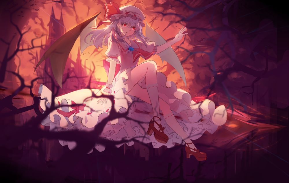 Обои для рабочего стола Remilia Scarlet / Ремилия Скарлет сидит среди ветвей деревьев на фоне замка из игры Проект Восток / Touhou Project