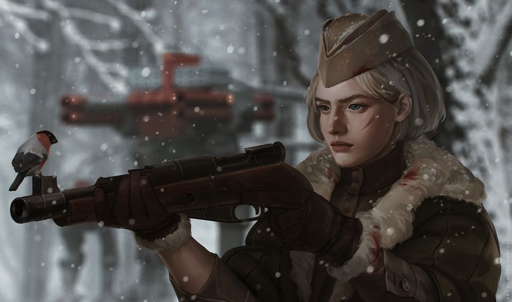 Обои для рабочего стола Девушка- солдат с пистолетом стоит в зимнем лесу под падающим снегом и смотрит на птичку, сидящую на мушке, by Olga Orlova