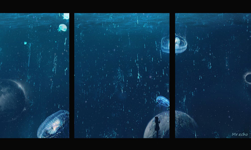Обои для рабочего стола Девушка стоит у огромного окна где под водой в космосе плавают медузы