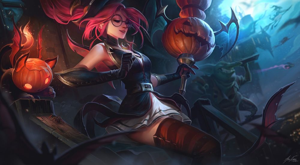 Обои для рабочего стола Janna / Жанна в образе ведьмочки в Halloween / Хэллоуин, из игры League of Legends / Лига Легенд, by Alex Flores