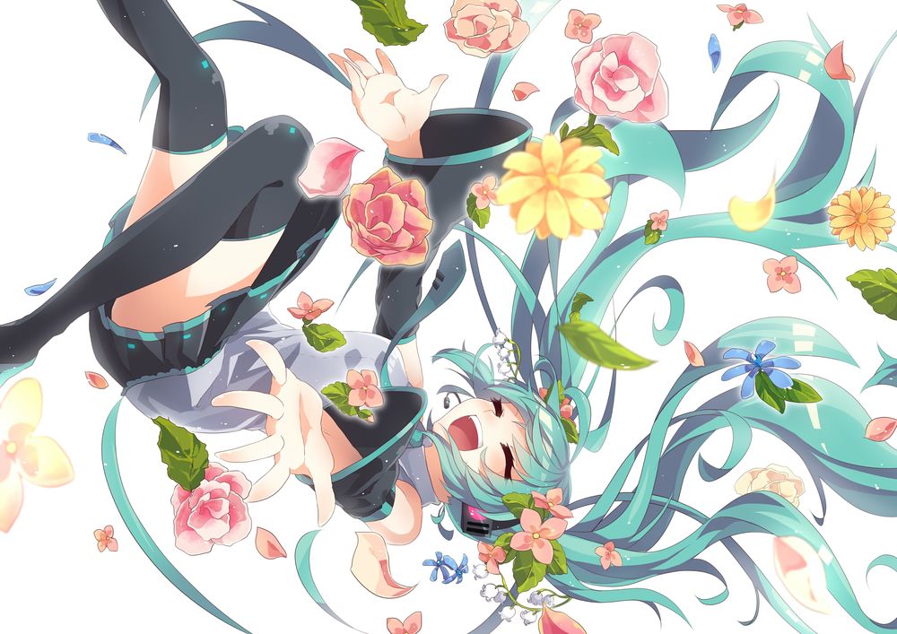Обои для рабочего стола Vocaloid Hatsune Miku / вокалоид Хатсуне Мику счастливая кувыркается в воздухе среди роз и др. цветов