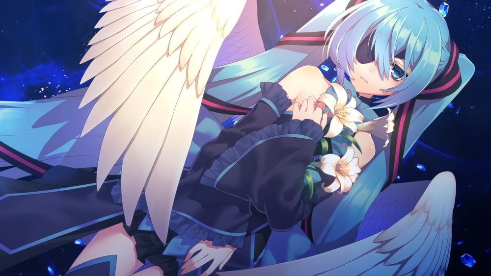 Обои для рабочего стола Крылатая vocaloid Hatsune Miku / вокалоид Хатсуне Мику с повязкой на глазу и лилиями в руках на фоне ночного неба, by Matsuda Toki