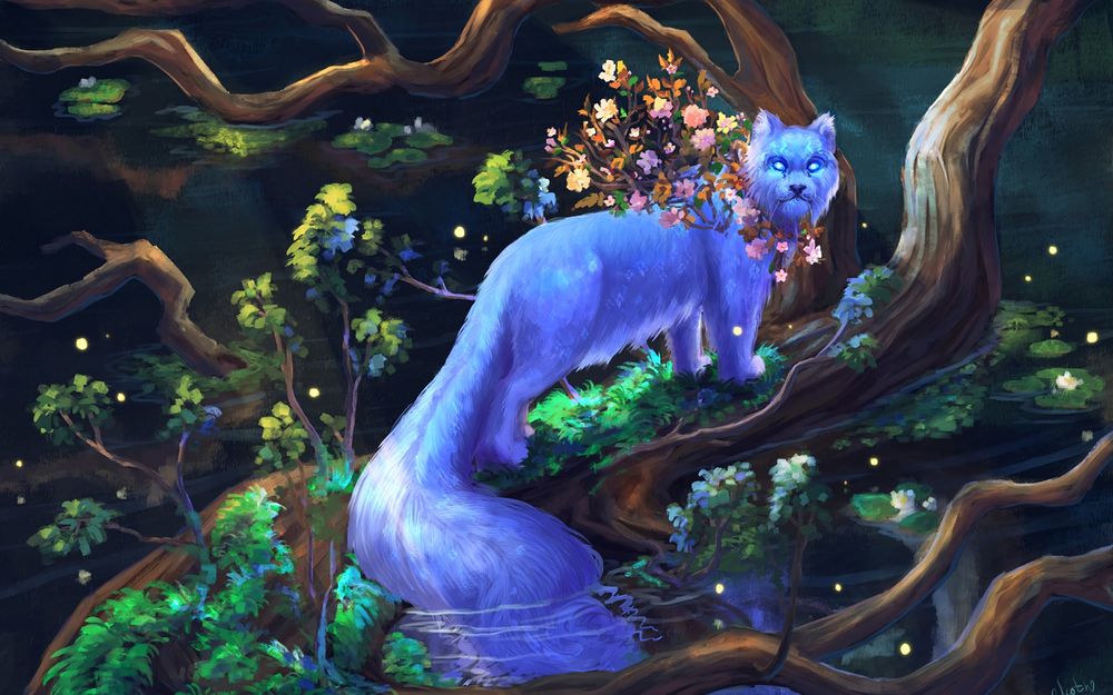 Обои для рабочего стола Сказочный голубой кот на дереве, by Maria Pechenkina