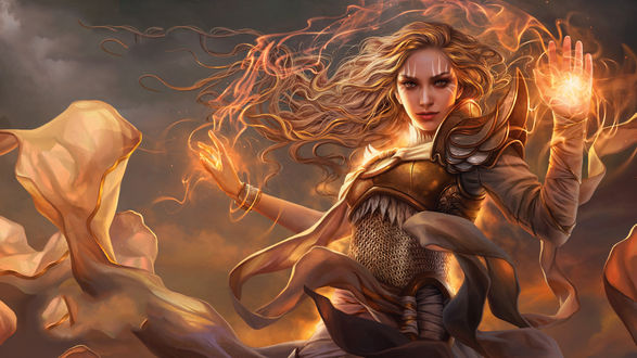 Обои на рабочий стол Белокурая Богиня Огня в доспехах из игры Magic: The Gathering