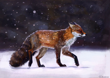 Обои на рабочий стол Лиса под падающим снегом, by Meorow
