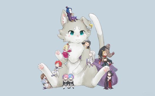 Обои на рабочий стол Чибики Emilia, Ram, Beatrice, Рэм / Rem и Субару Нацуки / Natsuki Subaru сидят на сером коте рядом другие персонажи из аниме Re: Жизнь в альтернативном мире с нуля / Re: Zero kara Hajimeru Isekai Seikatsu