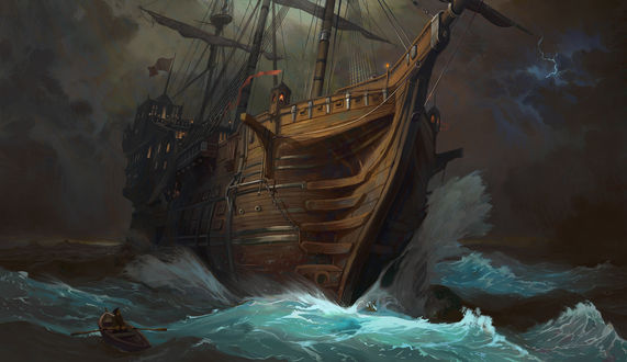 Обои на рабочий стол Мужчина в лодке плывет рядом с большим кораблем, by Andrei Stef