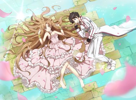 Обои на рабочий стол Kirito / Кирито и Asuna / Асуна арт персонажей из аниме Sword Art Online / Мастера Меча Онлайн