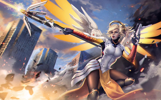 Обои на рабочий стол Mercy / Ангел / Angela Ziegler / Ангела Циглер из игры Overwatch / Дозор, by AgusSW