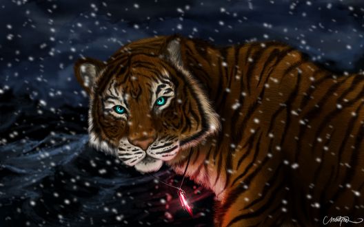 Обои на рабочий стол Тигр под падающим снегом, by Ejlen