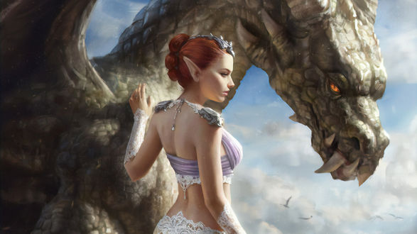 Обои на рабочий стол Эльфийка Calatona / Калатона с драконом из игры Legend of the Cryptids, by Laura Sava