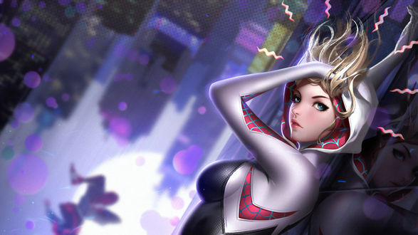 Обои на рабочий стол Женщина-Паук / Spider-Woman, Гвен Стейси / Gwen Stacy, Гвен-Паук / Spider-Gwen — супергероиня серий комиксов издательства «Marvel Comics», by Liang-Xing