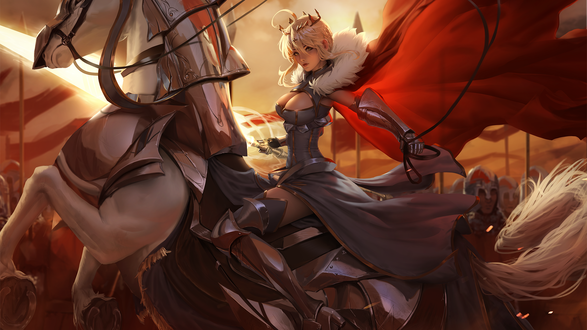 Обои на рабочий стол Artoria Lancer из игры Fate / Grand Order / Судьба / Великий Порядок на лошади, by raikoart